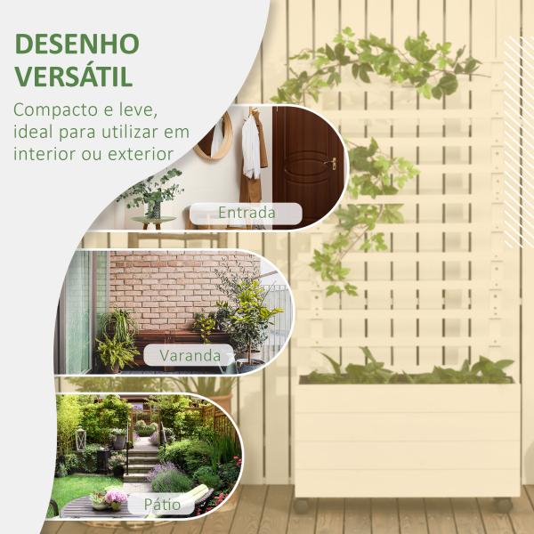 Floreira com Treliça de Madeira Maciça com 4 Rodas e Malha Geotêxtil para Cultivos de Plantas Flores 76x30x155 cm Branco