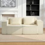 Sofá de 3 Lugares Sofá de Sala 202x90x76 cm Revestido em Veludo Cotelê Acolchoamento Espesso e 2 Almofadas Bege