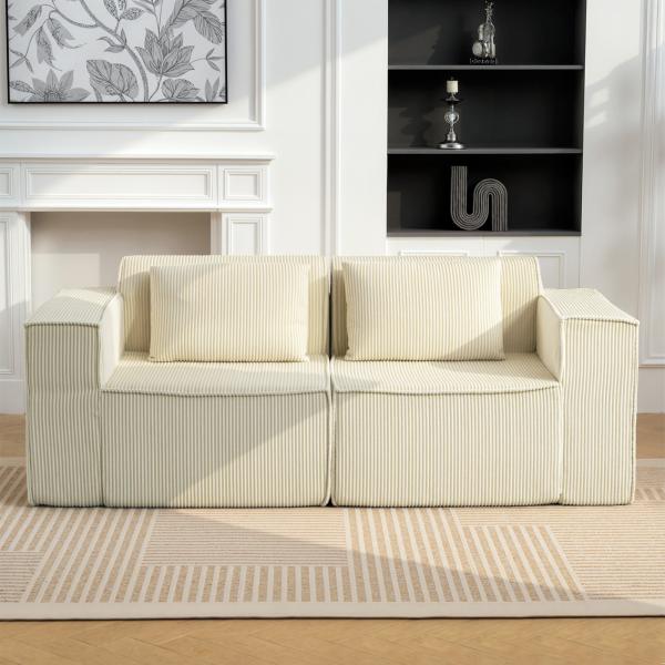 Sofá de 3 Lugares Sofá de Sala 202x90x76 cm Revestido em Veludo Cotelê Acolchoamento Espesso e 2 Almofadas Bege