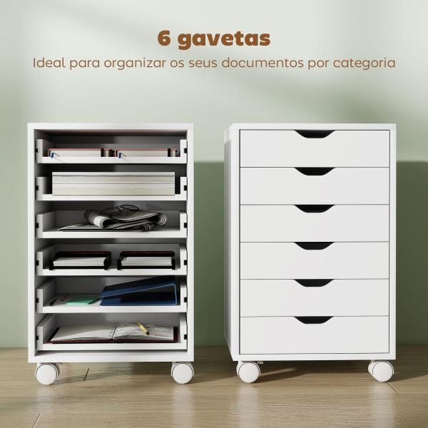 Bloco de Gavetas Móvel Arquivador com 6 Gavetas Suporte para Impressora com Rodas 40x35x63 cm Branco