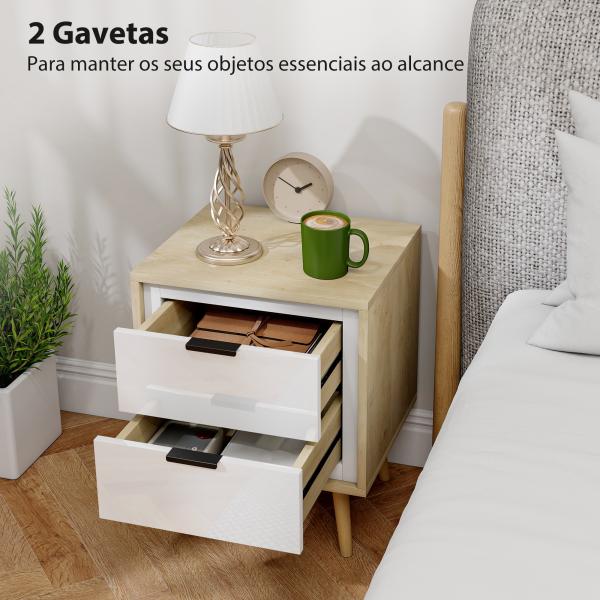 Conjunto de 2 Mesas de Cabeceira Modernas com 2 Gavetas de Deslizamento Silencioso Pés de Madeira 40x35x50 cm Branco Brilhante e Carvalho