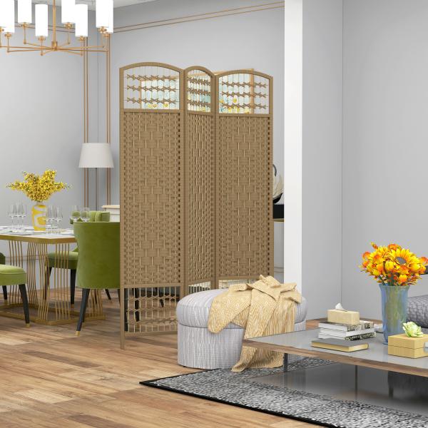 Biombo Separador de Ambientes com 3 Painéis Dobrável em Corda de Papel 120x170 cm Decoração para Quarto Madeira