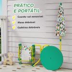 Conjunto Infantil de Mesa e Cadeiras de Jardim de 4 Peças Cadeiras Dobráveis Chapéu de Sol Desmontável Design de Selva Verde