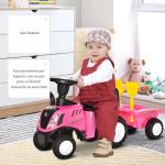 Trator para Crianças de 12 - 36 Meses com Reboque Removível Carro Andador com Buzina Farol Pá e Ancinho Carga 25kg 91x29x44cm Rosa