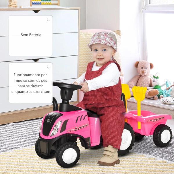 Trator para Crianças de 12 - 36 Meses com Reboque Removível Carro Andador com Buzina Farol Pá e Ancinho Carga 25kg 91x29x44cm Rosa