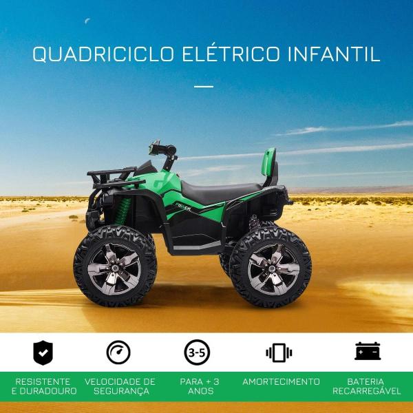 Quadriciclo Elétrico 12V para Crianças de 3 - 5 Anos com Farol Música Pneus de Suspensão Botões Avance e Retrocesso Veículo Elétrico a Bateria 100x65x73cm Verde