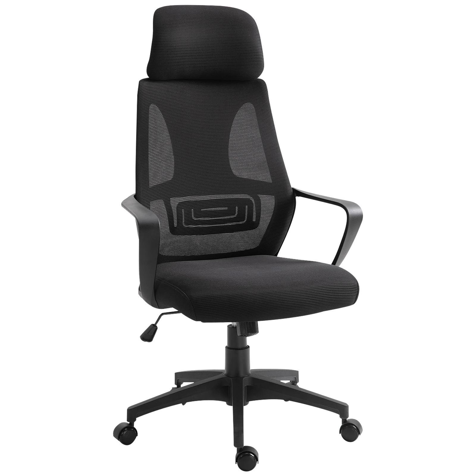 Cadeira de escritório ergonômica Cadeira de mesa inclinável ajustável em altura com encosto de braço Encosto de cabeça 5 rodas Suporta até 120 kg 64x58x116 - 126 cm Preto