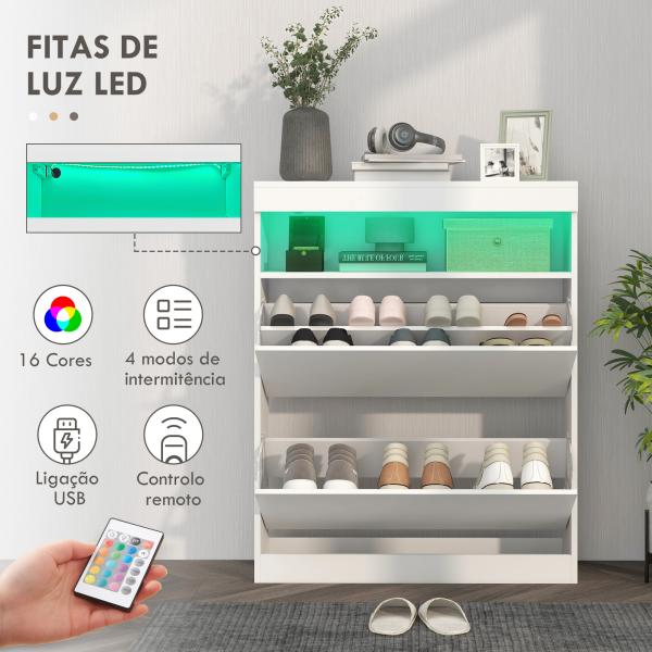 Móvel Sapateira de Entrada com Luzes LED Prateleira Aberta e 2 Gavetas Basculantes para 12 - 16 Pares 80x24x99,5 cm Branco Brilhante