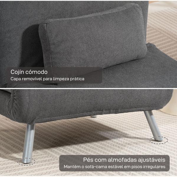 Sofá Cama de Uma Praça Dobrável Revestido em Tecido Cinzento Mesclado com Encosto Ajustável em 5 Níveis 80x75x83 cm