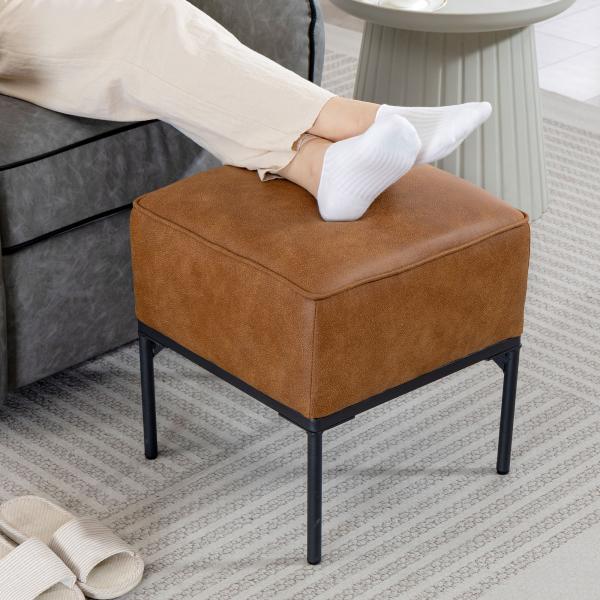 Banco Estofado em PU com Pés de Aço Acolchoado Espesso Estilo Moderno Otomana para Quarto 40x40x46 cm Castanho