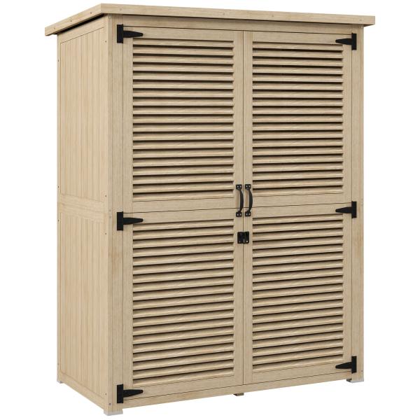 Armário de Jardim de Madeira 0,83 m² 127x65x168 cm com 2 Portas de Persiana 2 Prateleiras 2 Alças e Telhado Impermeável Natural