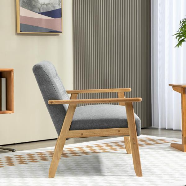 Sofá 2 Lugares Estofado em Linho com Apoio para os Braços de Madeira Encosto Acolchoado 114x75x76 cm Cinza Claro