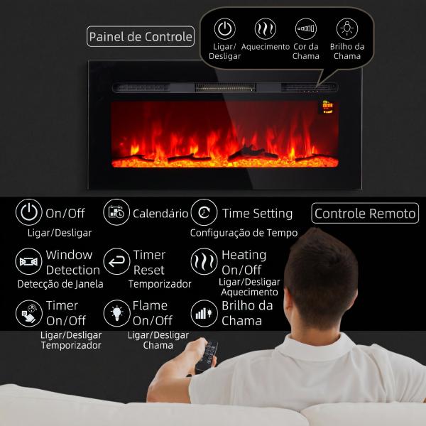 Lareira Elétrica de Parede, Aquecedor 1800W, Chama LED 3D, Cristais, 3 Cores, 5 Níveis de Brilho, Comando, Temporizador, Ecrã Tátil, Preto