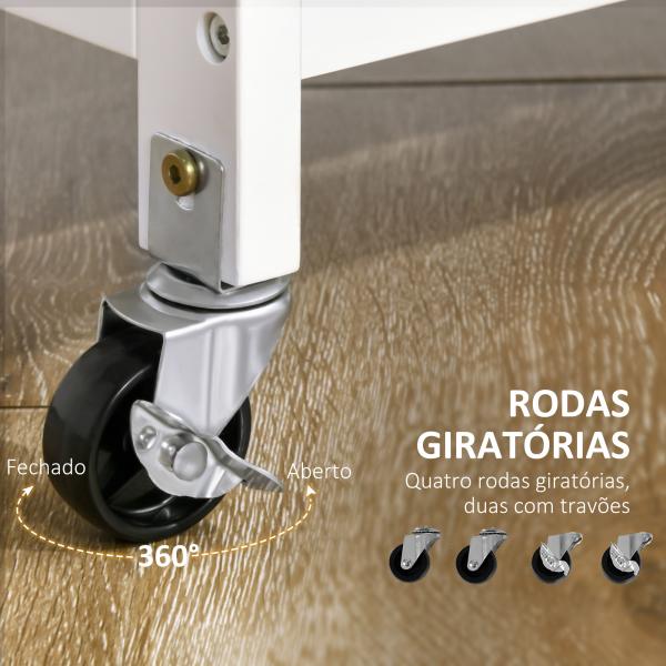 Carrinho de Cozinha com Rodas 1 Gaveta Prateleiras Suporte para 4 Garrafas e Armário Carga 40kg 76x48x88cm Branco e Cinza