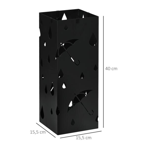 Suporte para Guarda - Chuvas com 4 Ganchos e Bandeja de Gotejamento Amovível Porta Guarda - Chuvas 15,5x15,5x41 cm Preto