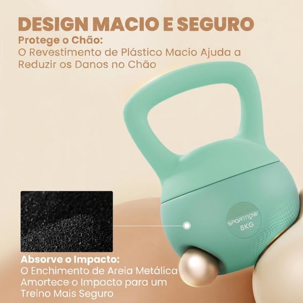 Kettlebell de 8 kg Pesa Russa Preenchida de Areia Metálica e Alça Antiderrapante para Treino em Casa Ginásio 19x19x28 cm Verde