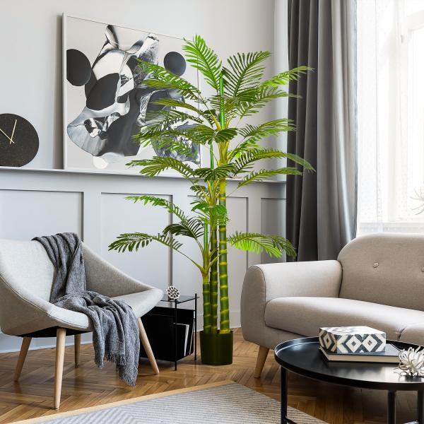 Planta Artificial Palmeira Areca com Vaso e 30 Folhas Decoração para Interior e Exterior Ø19,5x190 cm Verde