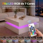 Mesa de Centro com LED RGB de 7 Cores com Armazenamento Aberto e Controlo Remoto 78x78x40 cm Branco