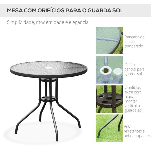 Conjunto de Jardim Refeição 6 Peças com 4 Cadeiras Dobráveis 1 Mesa com Bancada de Vidro e 1 Chapéu de Sol Preto