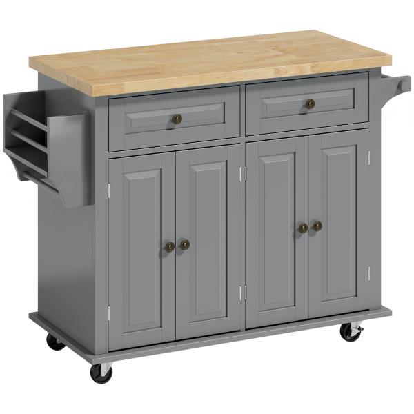 Ilha de Cozinha com Rodas 2 Gavetas 4 Portas Suporte para Temperos e Barra Lateral 111x44,5x82,5 cm Cinzento e Madeira