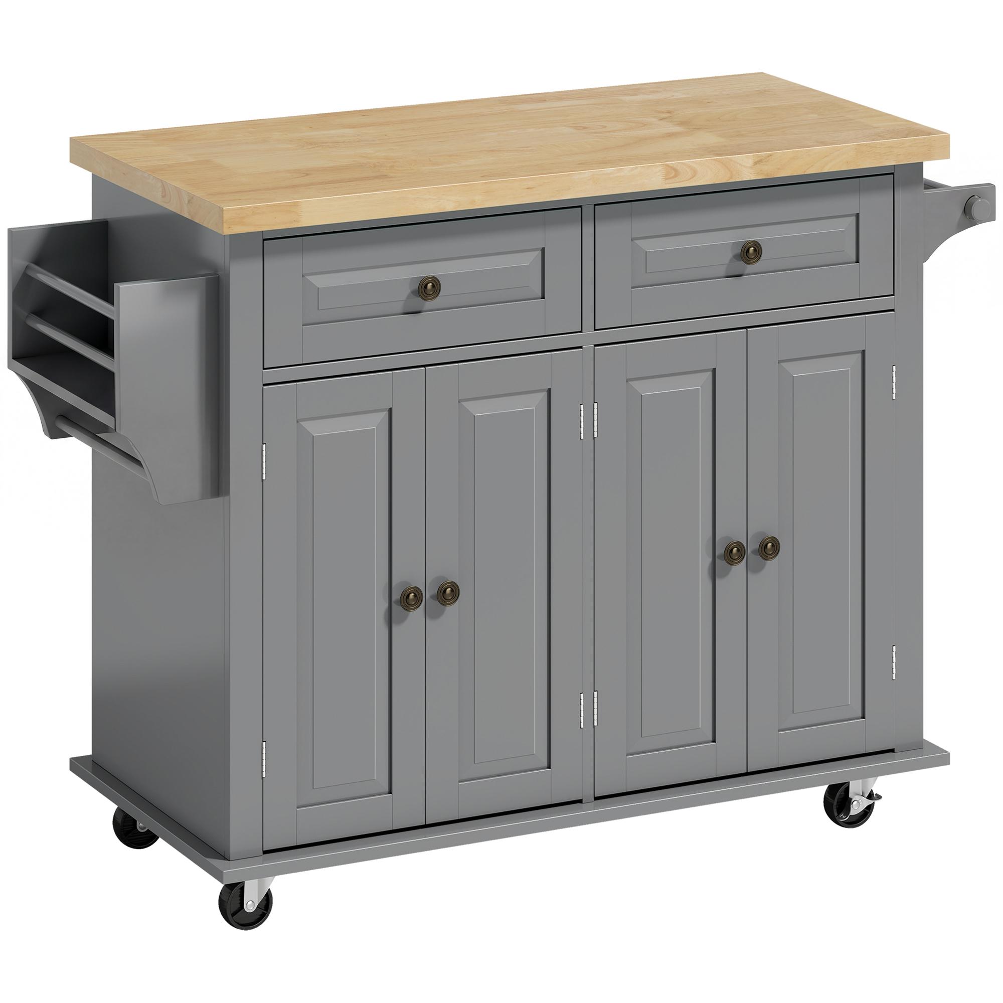 Ilha de Cozinha com Rodas 2 Gavetas 4 Portas Suporte para Temperos e Barra Lateral 111x44,5x82,5 cm Cinzento e Madeira