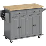 Ilha de Cozinha com Rodas 2 Gavetas 4 Portas Suporte para Temperos e Barra Lateral 111x44,5x82,5 cm Cinzento e Madeira