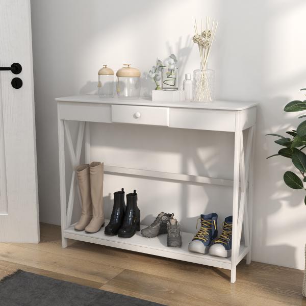 Mesa Consola Clássica com 1 Gaveta e 1 Prateleira de Armazenamento para a Entrada Mesa Auxiliar Sala de Estar Estilo Elegante 100x30x81cm Branco