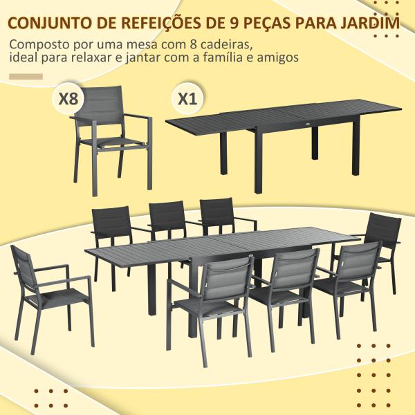 Conjunto de Jardim Refeição de 9 Peças com Mesa Extensível 8 Cadeiras Empilháveis 135 - 270x89x74cm Cinza