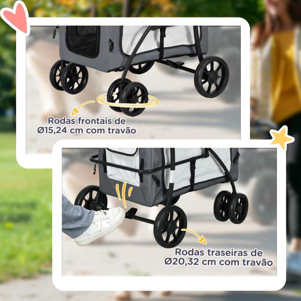 Carrinho para Animais de Estimação Carrinho para Cães Dobrável com Compartimento Desmontável 4 Portas 81x58x97,5 cm Cinza