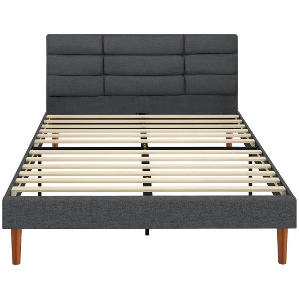 Cama Estofada 140x200 cm com Cabeceira Almofadada, Estrado de Ripas e Espaço Livre Inferior, Cinzento