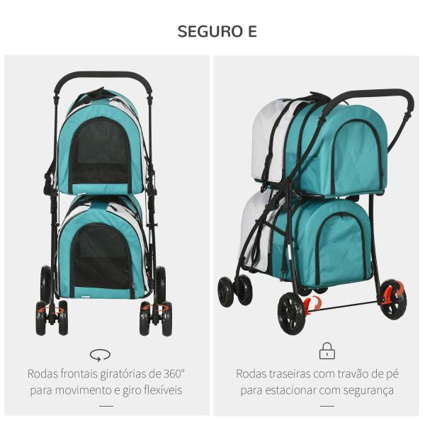 Carrinho Duplo para Cães Gatos Dobrável com 2 Transportadoras Portáteis Cinto de Segurança 66x50x98 cm Turquesa e Cinza