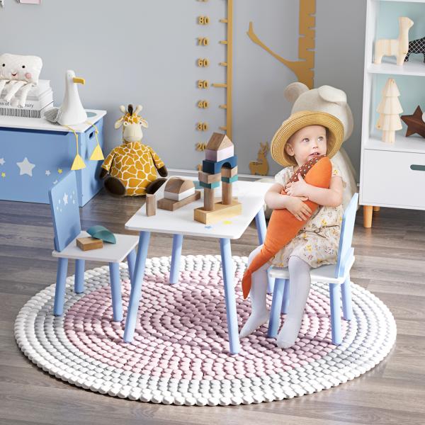 Conjunto de Mesa Infantil e 2 Cadeiras de Madeira Mesa com Cadeiras para Crianças de 2 - 4 Anos Branco e Azul