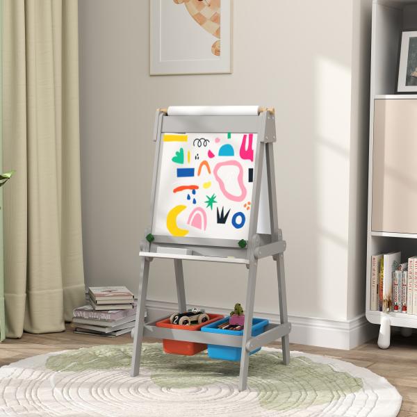 Cavalete para Crianças 3 em 1 Ardósia Dupla com Rolo de Papel Apagador e Caixas de Arrumação 51x50x108 cm Cinza