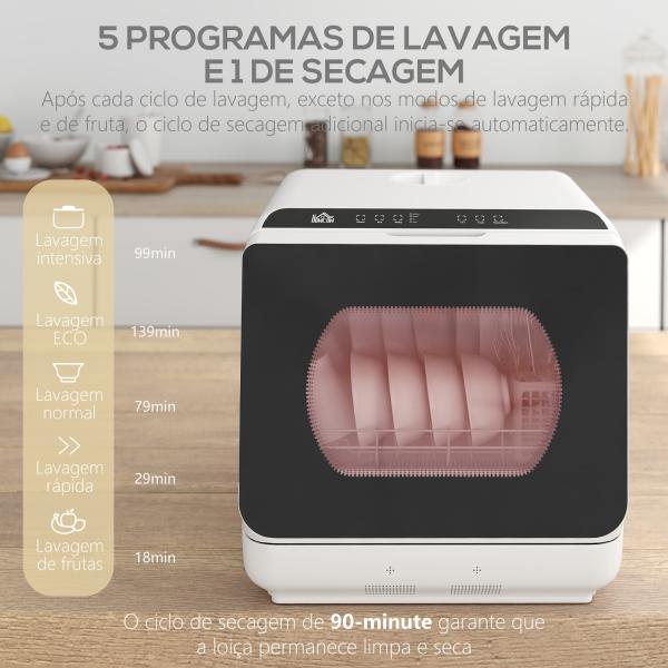 Máquina de Lavar Loiça Pequena Bancada Compacta Depósito de Água 6L 45x44x45,8cm Branco
