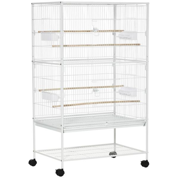 Gaiola para Pássaros com Rodas Bandeja Amovível 4 Portas Comedouros e Prateleira de Armazenamento 78x52x132cm Branco