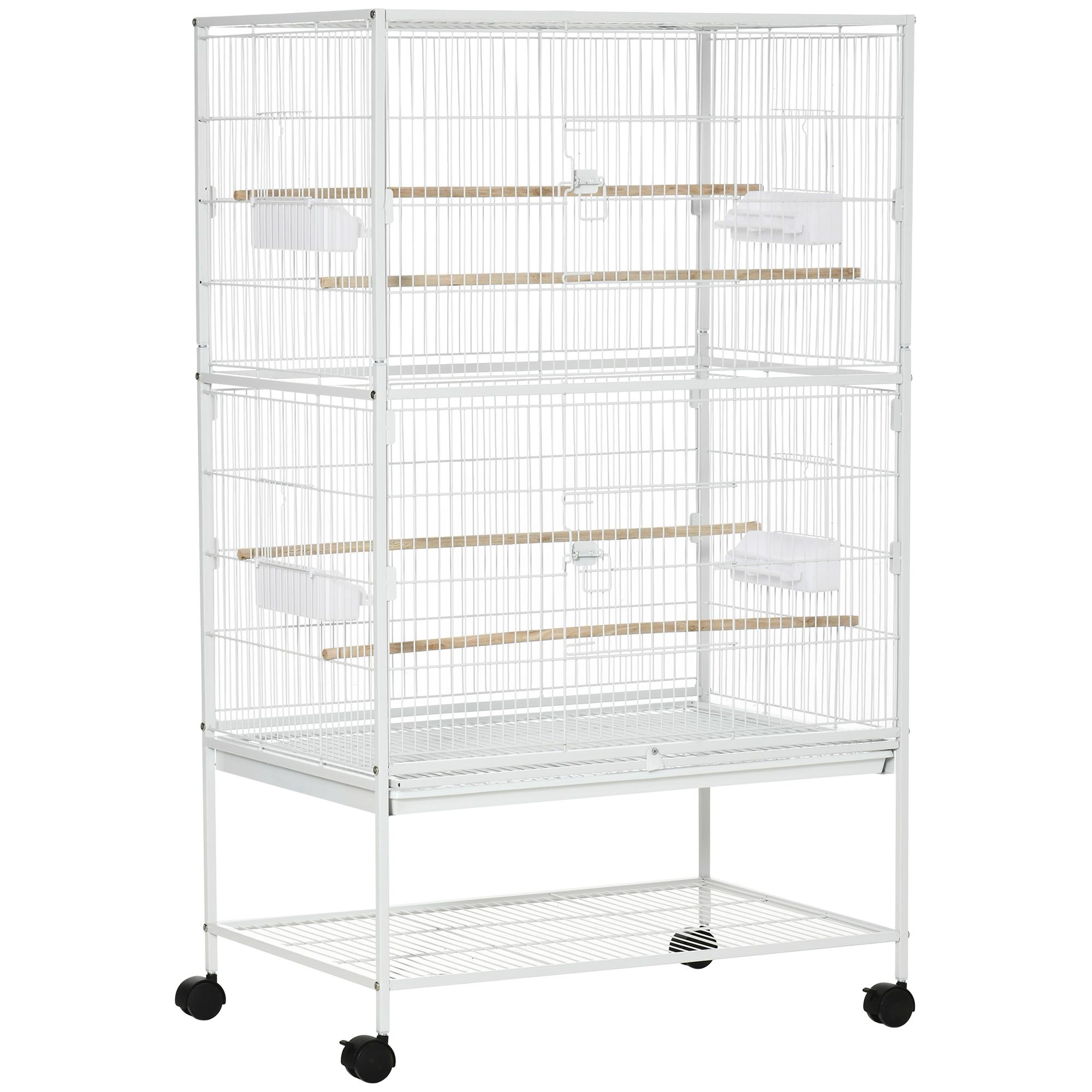 Gaiola para Pássaros com Rodas Bandeja Amovível 4 Portas Comedouros e Prateleira de Armazenamento 78x52x132cm Branco
