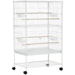 Gaiola para Pássaros com Rodas Bandeja Amovível 4 Portas Comedouros e Prateleira de Armazenamento 78x52x132cm Branco