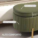 Banco de Cama com Arrumação em Veludo, Pés Dourados e Design Oval Elegante, 108x44x43,5 cm, Verde Escuro