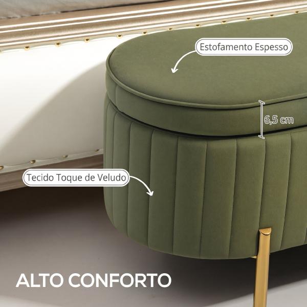 Banco de Cama com Arrumação em Veludo, Pés Dourados e Design Oval Elegante, 108x44x43,5 cm, Verde Escuro