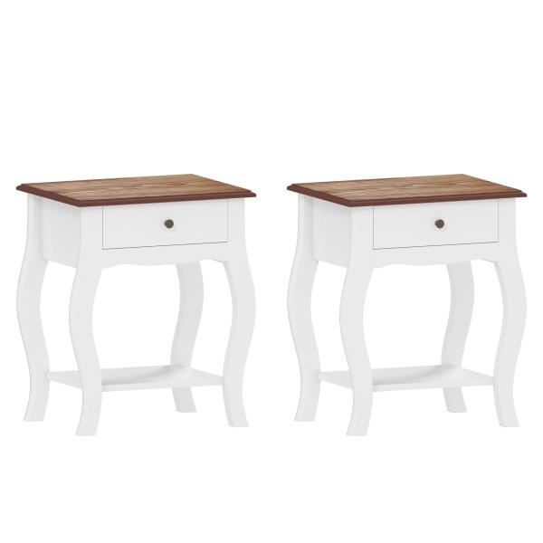 Conjunto de 2 Mesas de Cabeceira com Gaveta Estante Aberto e Bancada Efeito Carvalho Estilo Francês 45x35x55 cm Branco e Carvalho