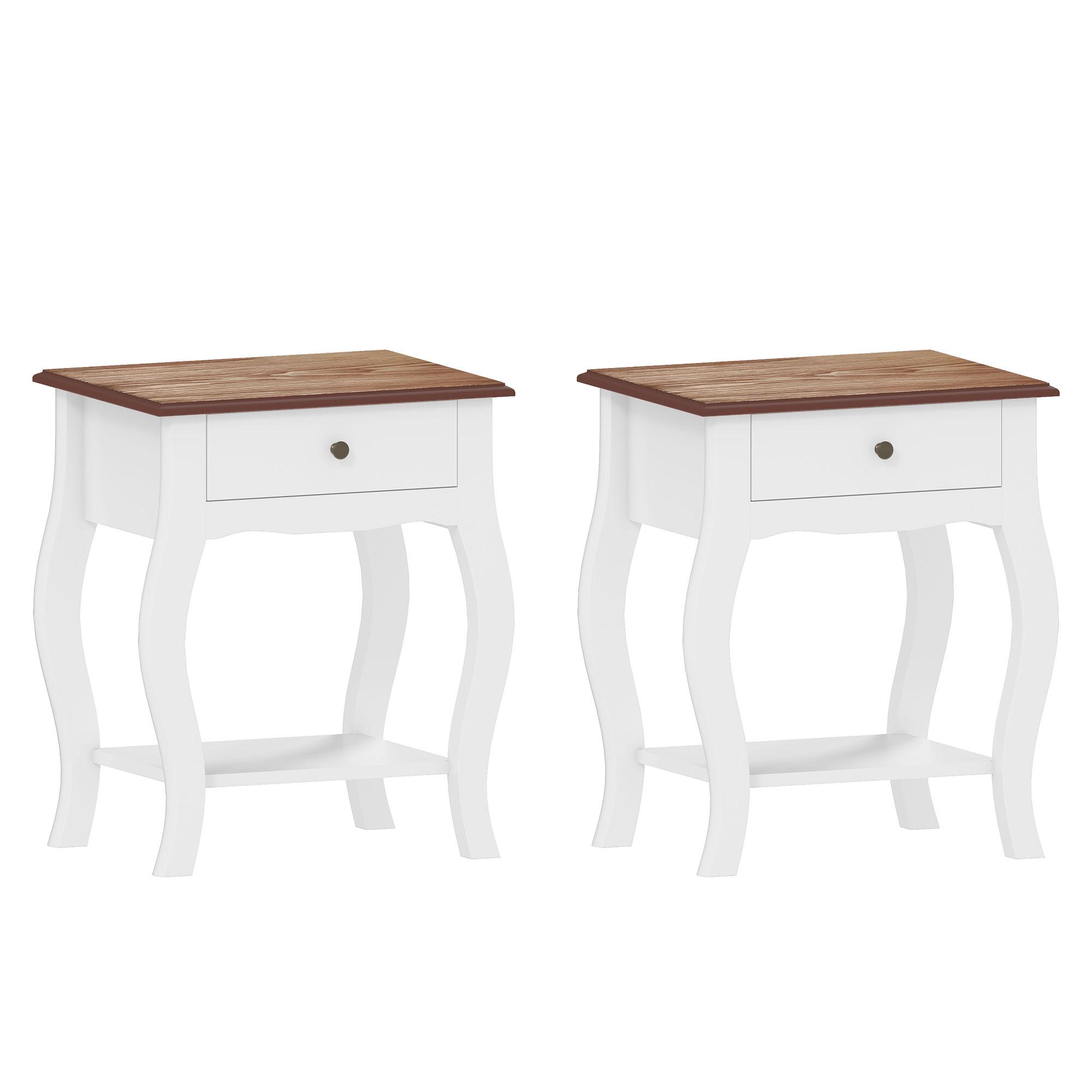 Conjunto de 2 Mesas de Cabeceira com Gaveta Estante Aberto e Bancada Efeito Carvalho Estilo Francês 45x35x55 cm Branco e Carvalho