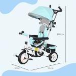 Triciclo Evolutivo para Bebés de +12 Meses 2 em 1 com Toldo Dobrável Guiador Cinto de Segurança e Cesto 95x50x106 cm Verde Mint