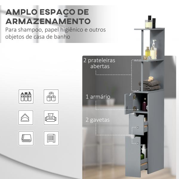 Coluna de Casa de Banho Moderno Móvel Auxiliar com 2 Prateleiras, 2 Gavetas e 1 Porta Anti - queda 15x33x136,8 cm Cinzento