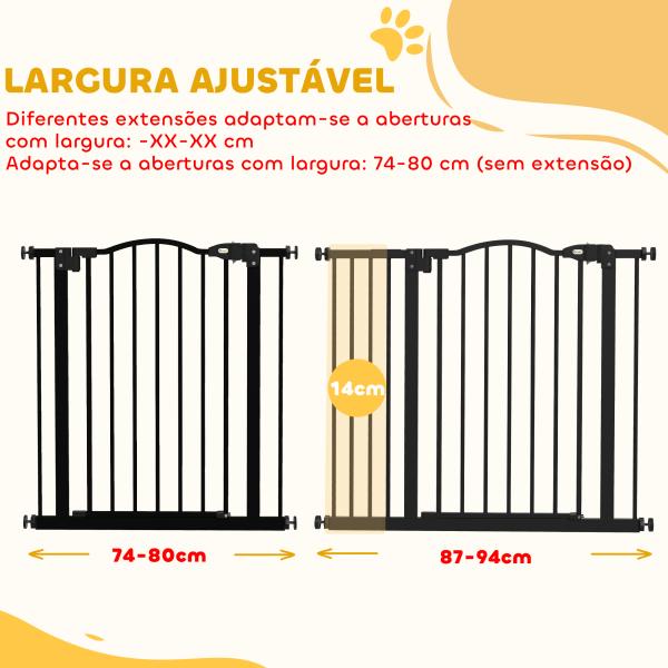 Barreira de Segurança para Cães com Largura Ajustável 74 - 94 cm e Extensão para Escadas e Portas Preto