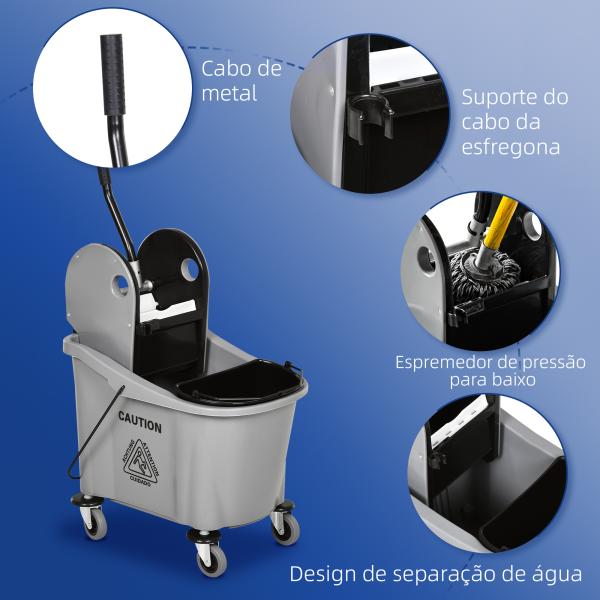 Balde de Esfregona Comercial com Espremedor de Pressão para Baixo Capacidade 36L com 4 Rodas 2 Cubetas 54x41x91,5 cm Cinza