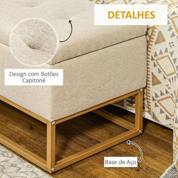 Banco de Armazenamento Retangular Estofado em Linho com Pés de Aço para Sala de Estar Dormitório 110x44x48 cm Bege