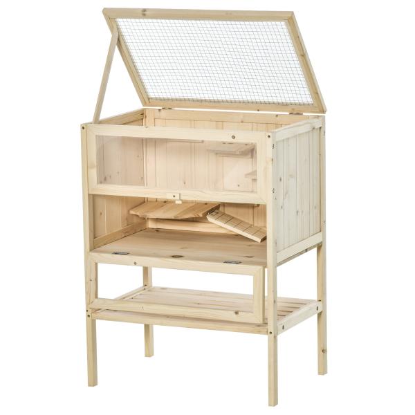 Gaiola de Madeira para Hamster com 5 Plataformas Rampa Dobrável Janela de Acrílico e Prateleira Inferior 60x40x80 cm Madeira Natural