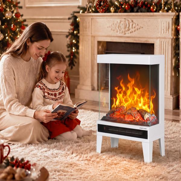 Lareira Elétrica 1000/2000 W com Chama LED Ajustável, até 15 - 20 m², 40,5 x 20 x 62 cm, Branca