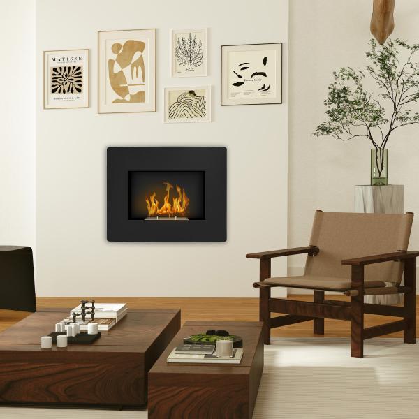 Lareira de Bioetanol de Parede com Depósito de 0,9L Tempo de Combustão 3,3H para Interiores 15 - 20 m² 66x16x52 cm Preto