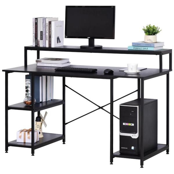 Mesa para Computador com Prateleiras Pés Ajustáveis ​​Moldura de Metal 140x60x93 cm